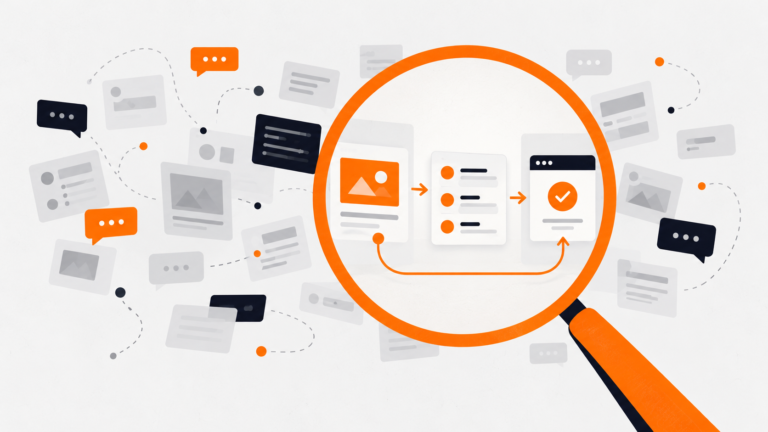 An orange magnifying glass brings a connected product workflow into focus among scattered interface cards and conversations.